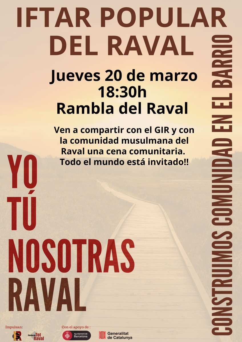 Aquest dijous a la tarda et convidem a venir a la Rambla del Raval per compartir amb el Grup Interreligiós del Raval i amb la comunitat musulmana un sopar comunitari pel trencament del dejuni del Ramadà. T'hi esperem!