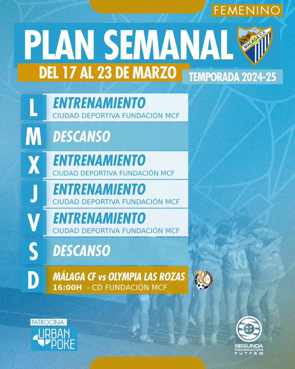 📆 𝐏𝐋𝐀𝐍 𝐒𝐄𝐌𝐀𝐍𝐀𝐋 📆 

Trabajo, intensidad y la mirada puesta en el próximo reto 👉 #MálagaOlympia

#AgendaMCFF