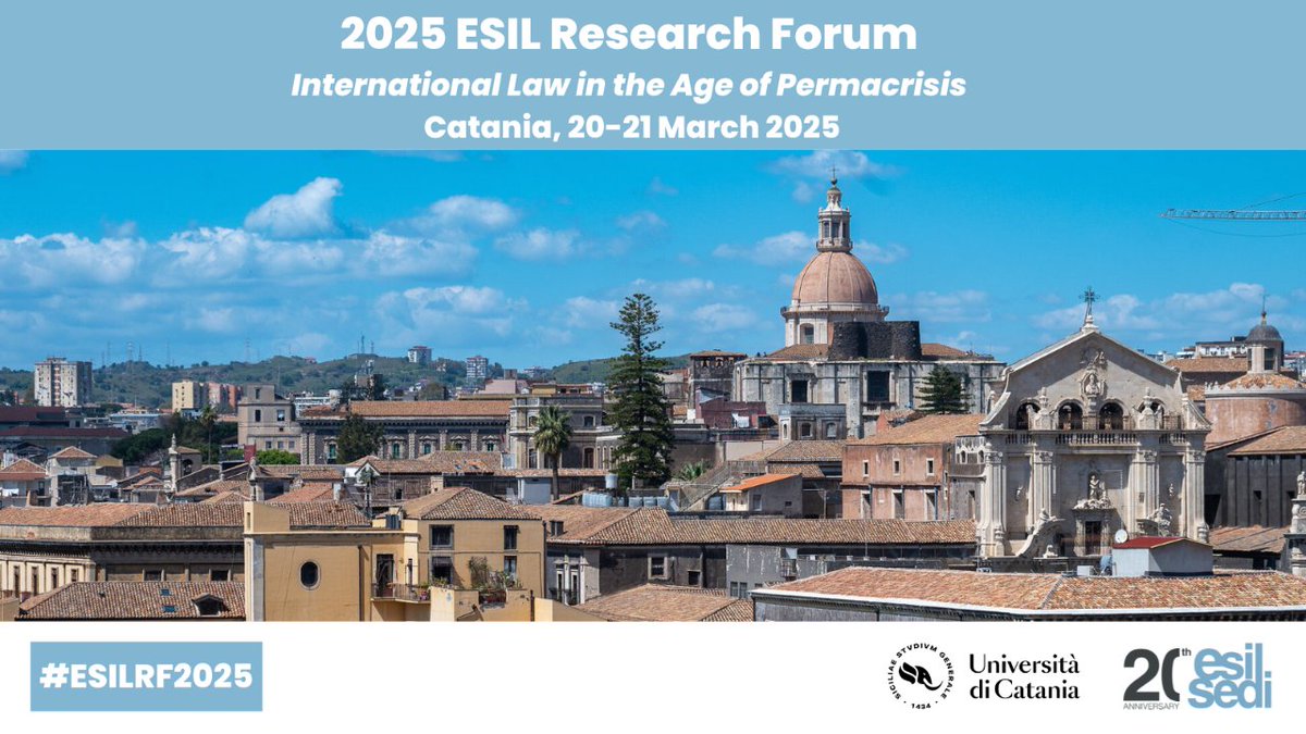 The 2025 ESIL Research Forum is happening this week at <a href="/uni_ct/">Università Catania</a>! 🇮🇹🎉 Great talks, top speakers, and engaging debates on "International Law in the Age of Permacrisis."💡 We can't wait!

Check the full programme &amp; join the conversation: 2025esilcatania.unict.it 🔜

#ESILRF2025