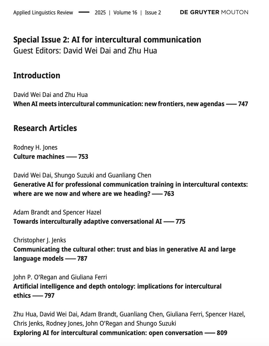 drdavidweidai's tweet image. The special issue on AI for Intercultural Communication I edited with @profzhuhua is now published in Applied Linguistics Review with volume and issue numbers! Do check it out if the topic is of interest to you degruyter.com/journal/key/al…