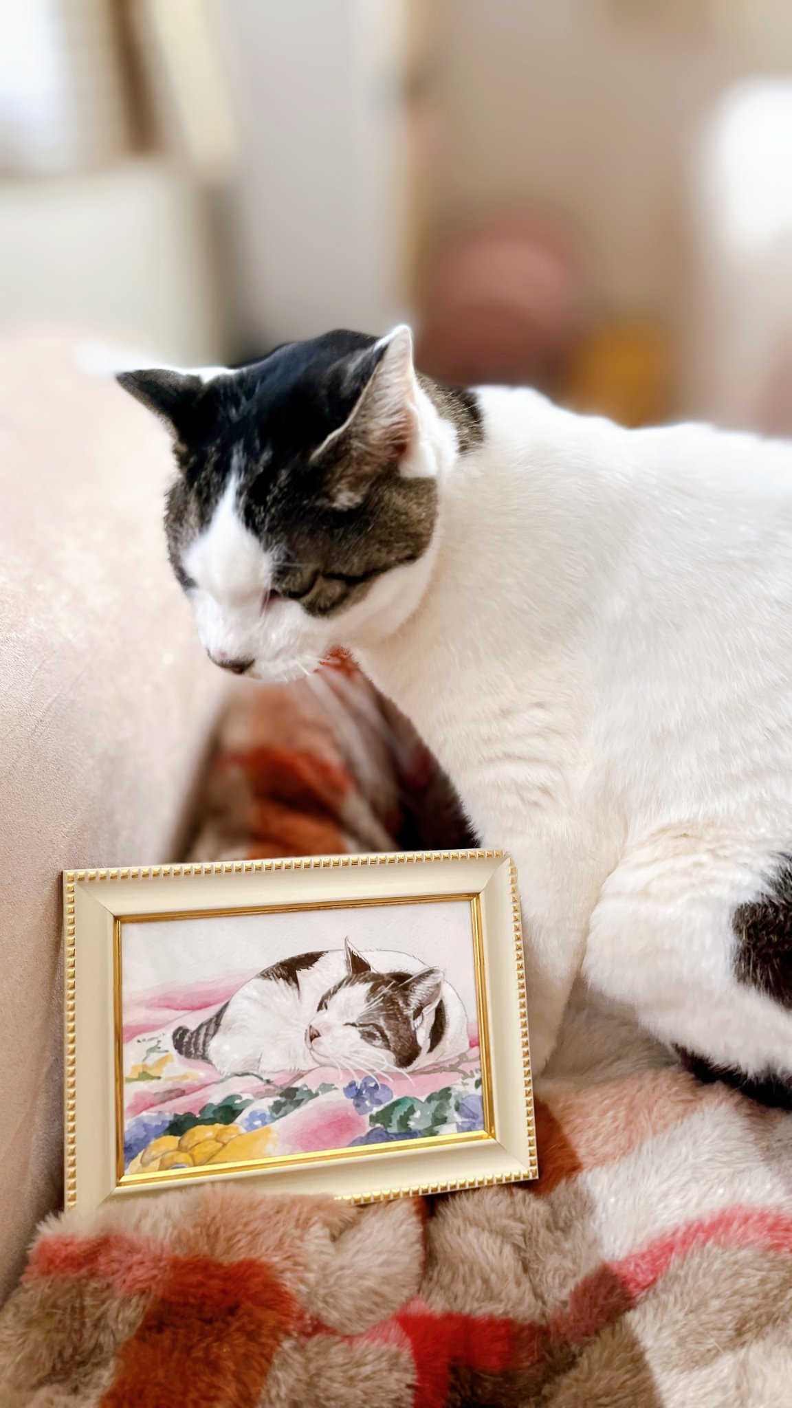 絵画。原画【かわいい白い猫が夜に梯子を登って光る星を集める