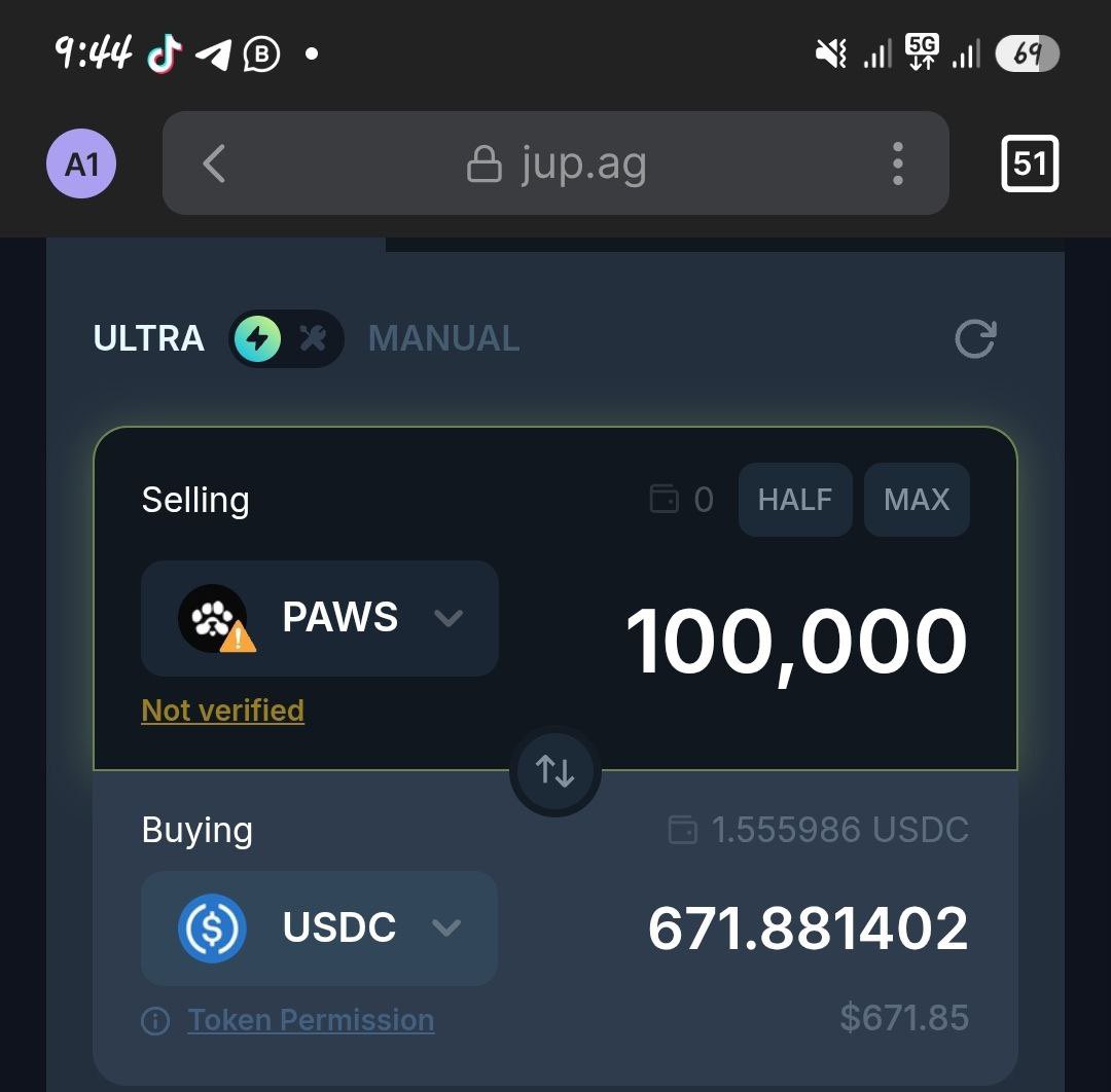 Meteora has started adding Liquidity on $PAWS

The predicted min price is $0.0067, with $PAWS expected to hit $0.01. 

Contract Address: PAWSxhjTyNJELywYiYTxCN857utnYmWXu7Q59Vgn6ZQ. 

A screenshot shows 100,000 PAWS on Jupiter, now worth $670.

Joy is coming

<a href="/Boithebear/">Boi</a>   $BOI