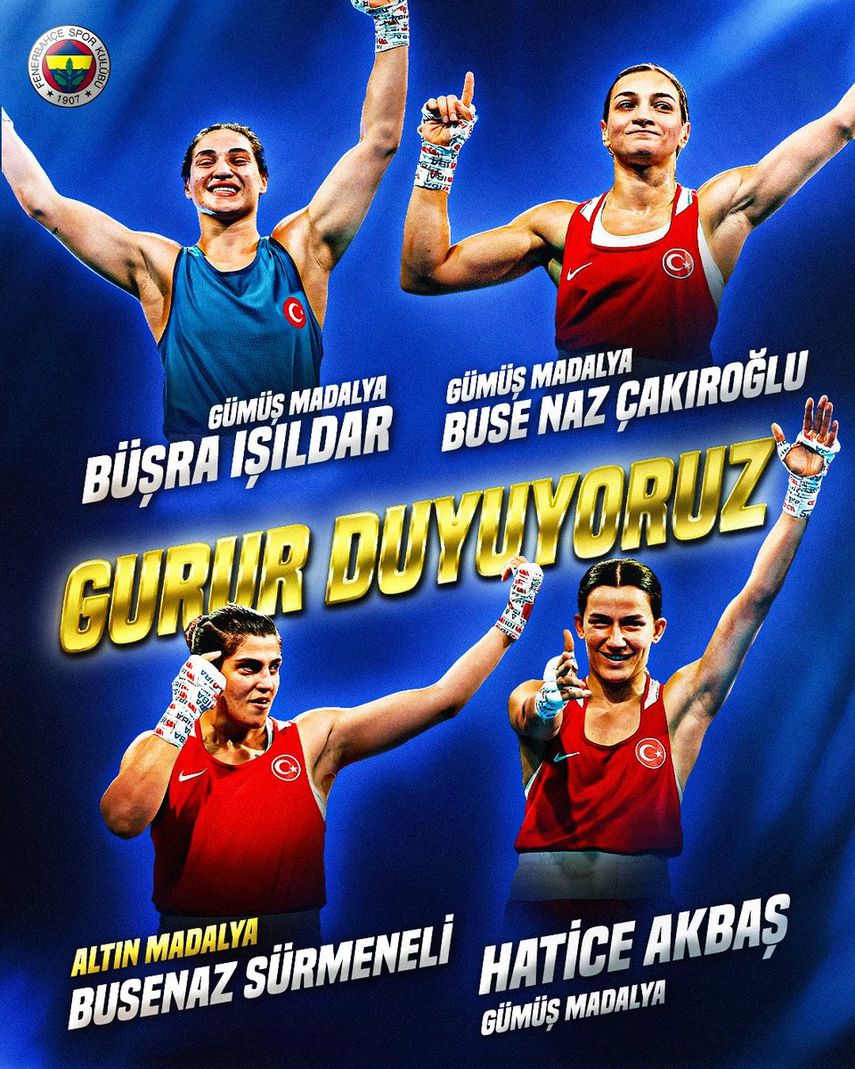 Dünya Şampiyonası’nda Ülkemizin Gurur Tablosu
💛💙 
Busenaz Sürmeneli🥇
Büşra Işıldar🥈
Buse Naz Çakıroğlu🥈
Hatice Akbaş🥈