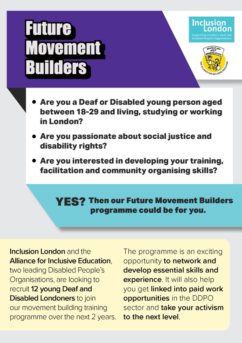 Are you a young Deaf or Disabled person in London? Are you passionate about disability rights, and want to build your skills? 

Then apply for Future Movement Builders, a new movement-building training programme from <a href="/InclusionLondon/">Inclusion London</a> and <a href="/ALLFIEUK/">ALLFIE</a>! inclusionlondon.org.uk/news/future-mo…