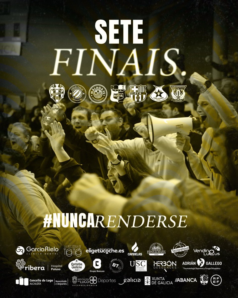 7️⃣ FINAIS para #NUNCARENDERSE

💪 Esta semana, PRIMEIRA FINAL no Municipal! ⚔️🏠

🫵 Precisamos do voso APOIO máis que nunca! 💛🖤

#SempreLugoSala #ViaxaconNós