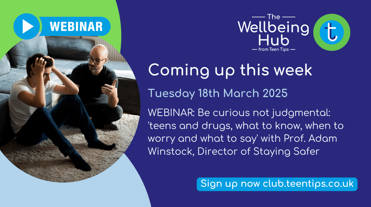 Our partners <a href="/WellbeingHubTT/">The Wellbeing Hub - Teen Tips</a> are hosting a webinar tomorrow about being curious and not judgmental when it comes to teens and drugs; what to know, when to worry and what to say. Hosted by Prof. Adam Winstock, Director of Staying Safer. Sign up now at club.teenstips.co.uk.