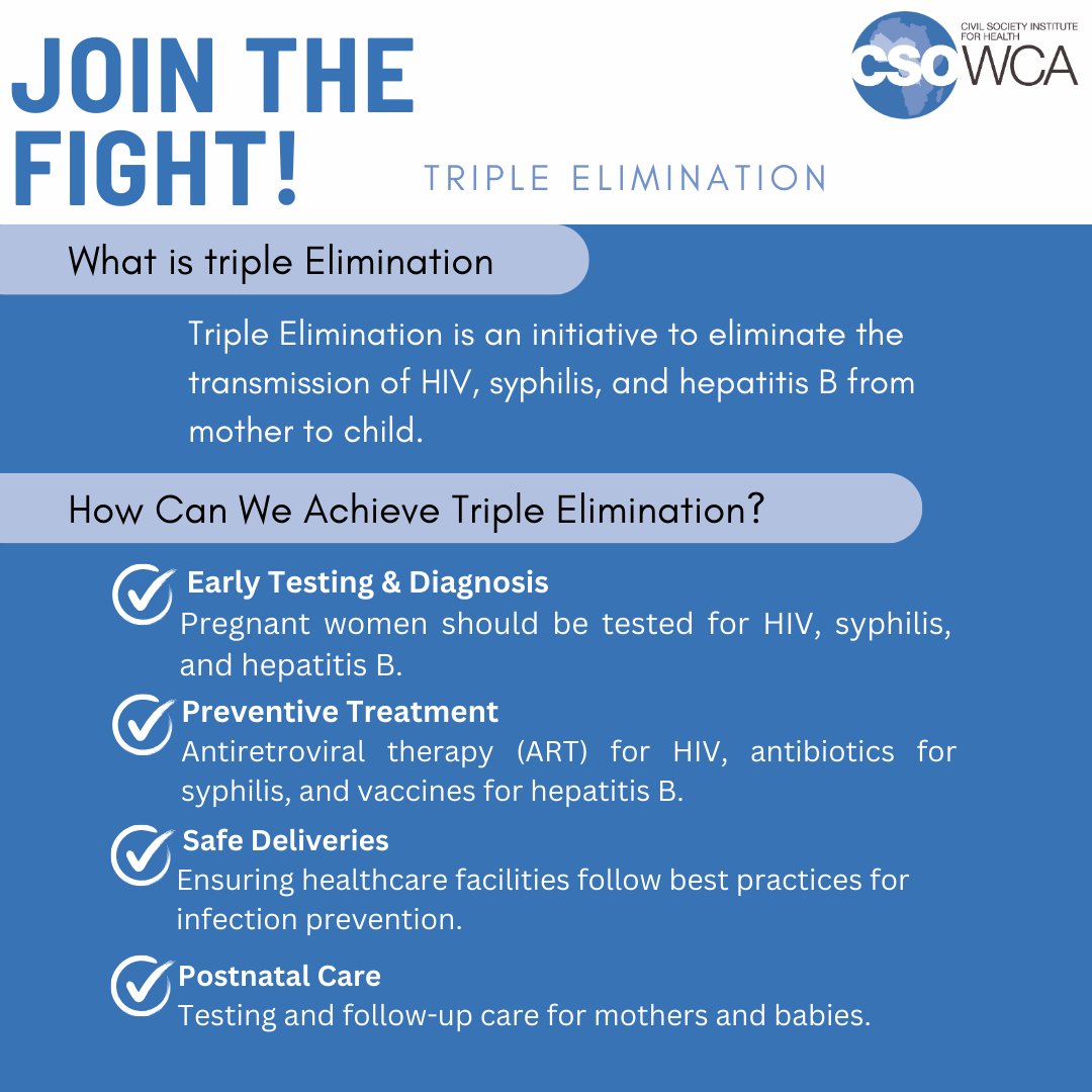 💜👶🏾 What is #TripleElimination? It’s the goal to end mother-to-child transmission of HIV, syphilis &amp; hepatitis B.

To achieve this, we need:
✅ Universal prenatal care
✅ Early testing &amp; treatment
✅ Stronger health systems

📢 Every child deserves a healthy start!