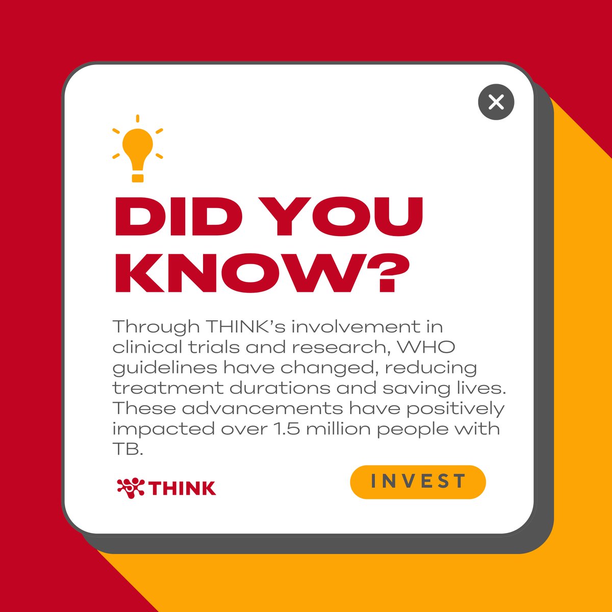 think_network_x's tweet image. Investing in TB research is not optional, it is essential. Clinical trials and innovation save lives, yet TB remains underfunded in the global health landscape.

We have the solutions – now we need the resources to accelerate impact.

#EndTB #InvestInTB #ResearchSavesLives