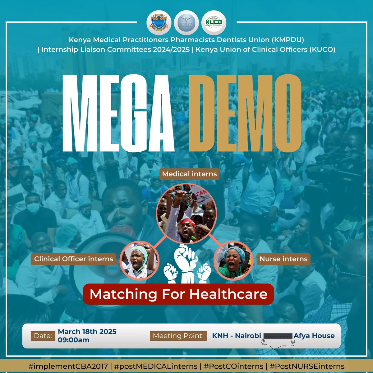 I'm glad that <a href="/kmpdu/">KMPDU</a> shifted from boardroom rhetoric to ultimatum-driven demands for action.

It's clear as day that <a href="/MOH_Kenya/">Ministry of Health</a> has surrendered to the inevitable, hands down! 

Now, let the demons send shockwaves far and wide! 
#PostMedicalInterns
#ImplementCBA2017
#OccupyMoH