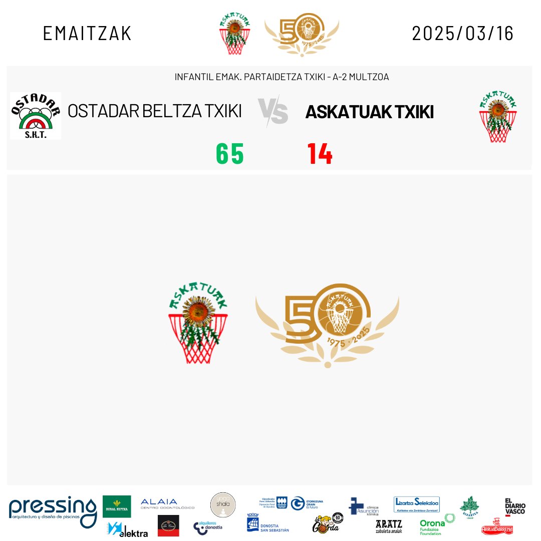 🏀EMAITZAK - RESULTADOS 16/03/2025                  

📷Hauek dira gure taldeen emaitzak asteburu honetan.                          
📷Estos son los resultados de nuestros equipos este fin de semana.

#NiNaizAskatuak #GuGaraAskatuak
<a href="/fgbaloncesto/">GSF</a>
<a href="/FBasketbasko/">Foro Basketbasko</a>