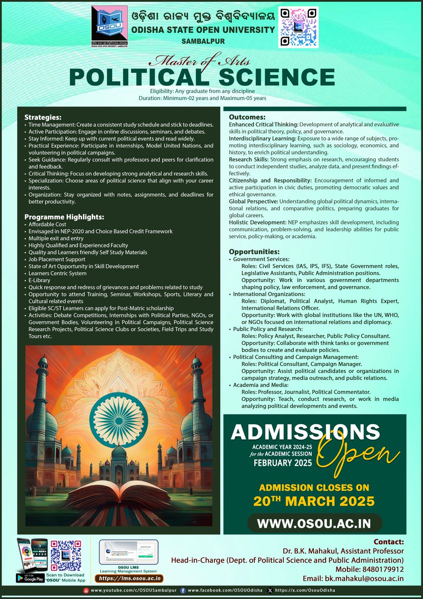OsouOdisha's tweet image. ADMISSIONS OPEN!!! Academic Year 2024-25 for the Academic Session February 2025. Visit our website: osou.ac.in #pgwithosou Now You can pursue TWO ACADEMIC PROGRAMMES Simultaneously!!! as per UGC guidelines April, 2022. #PoliticalScience