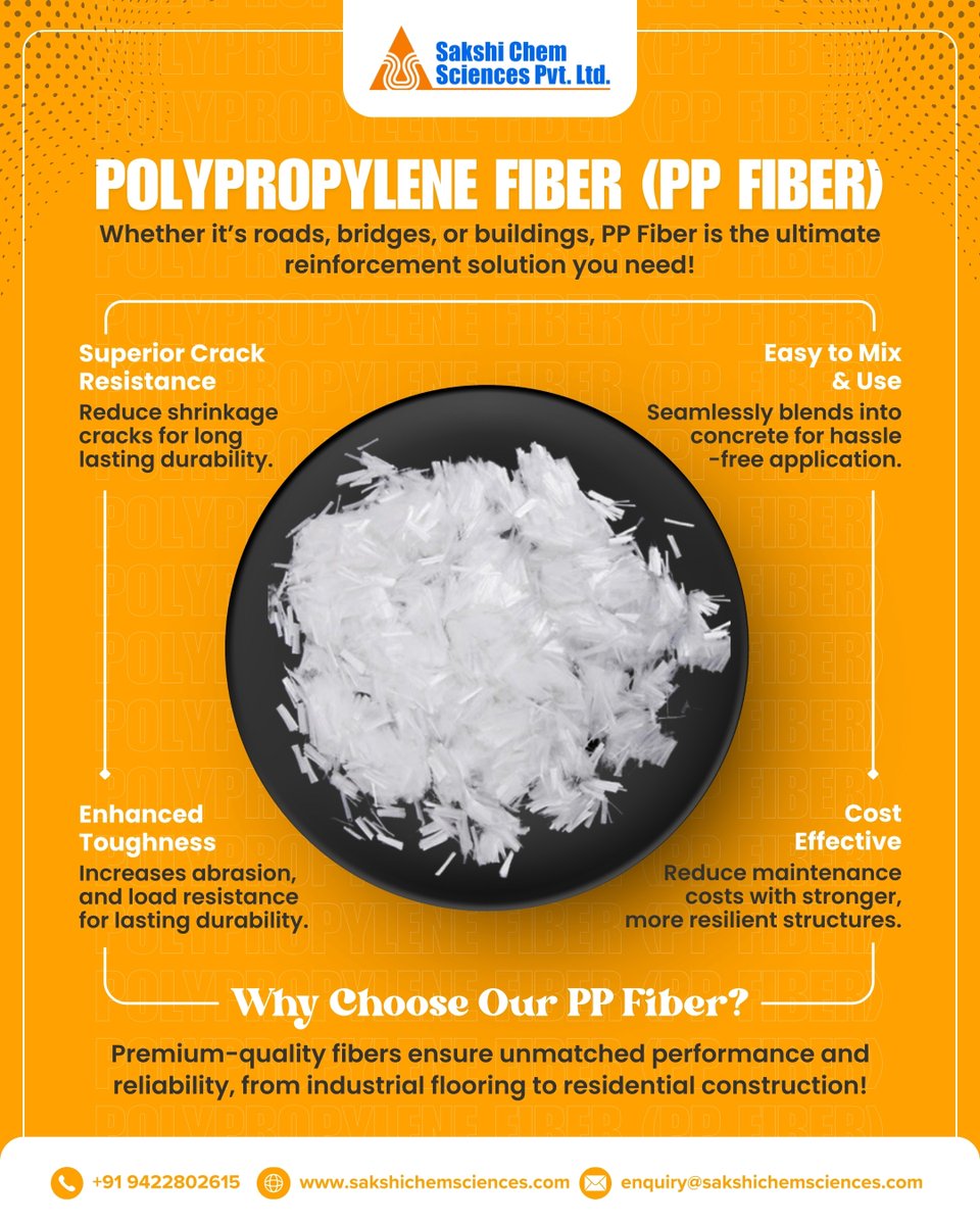 SakshiChemSci's tweet image. Reinforce your structures with the power of PP Fiber! Reduce cracks, improve durability, and build to last.
#PPFiber #StrongerConcrete #FiberReinforced