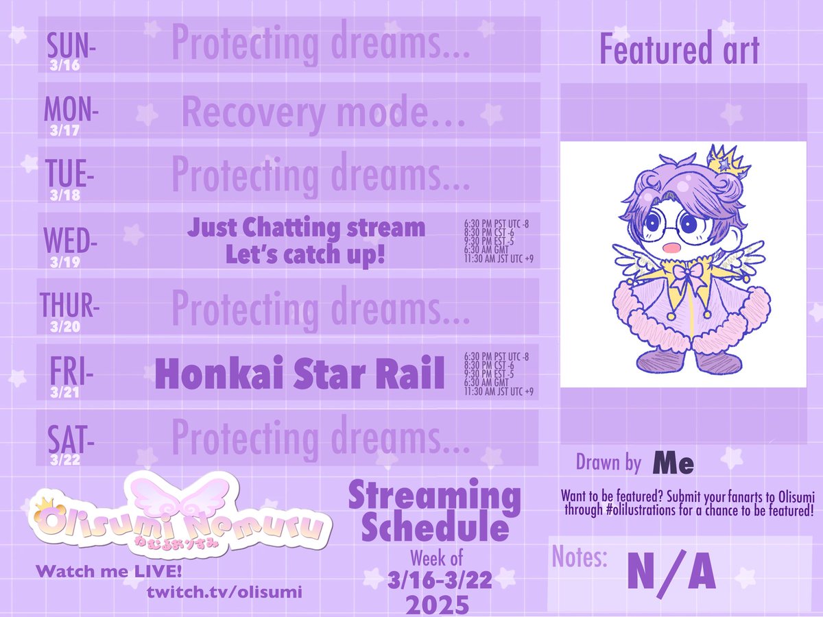 OlisumiNemuru's tweet photo. Posted late, buuut for this week is up! 💜 can’t wait to see you all again soon. Been recovering from pains. But feeling much better! #vtuber #streamschedule #vtuberidol #indievtuber #olisuminemuru #twitch #twitchstreamer #contentcreator https://t.co/7ywbUjDoij