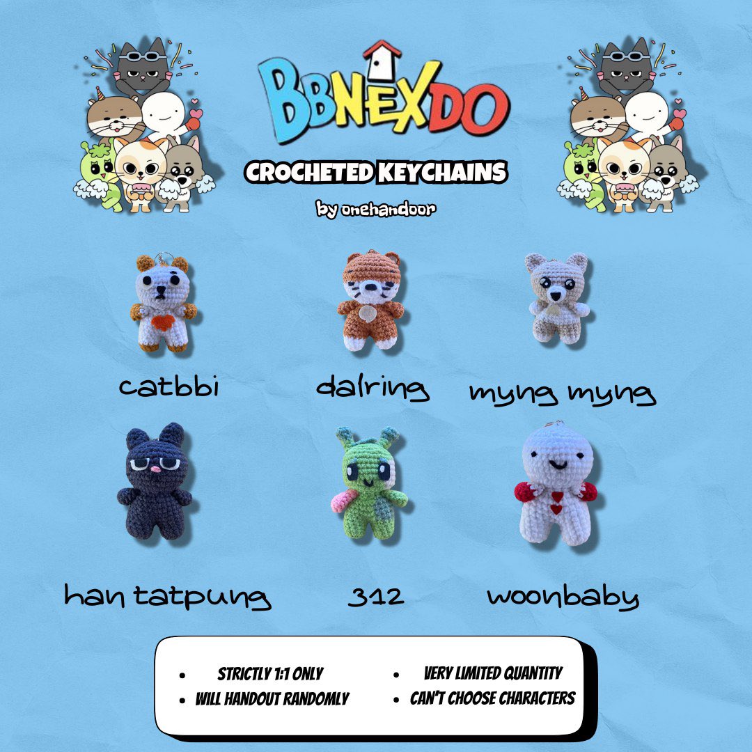 ⭑.ᐟ BBNEXDO CROCHETED KEYCHAINS ⭑.ᐟ by <a href="/onehandoor/">Oreo ✨</a> 

Mechanics:
*strictly 1:1 only
*very limited quantity
*will hand out randomly
*can’t choose characters 

#KNOCK_ON_Vol_1_MANILA 
#KNOCK_ON_Vol_1_IN_MANILA 

pubmat designed by: <a href="/yjsangseungz_/">yesha ★</a>