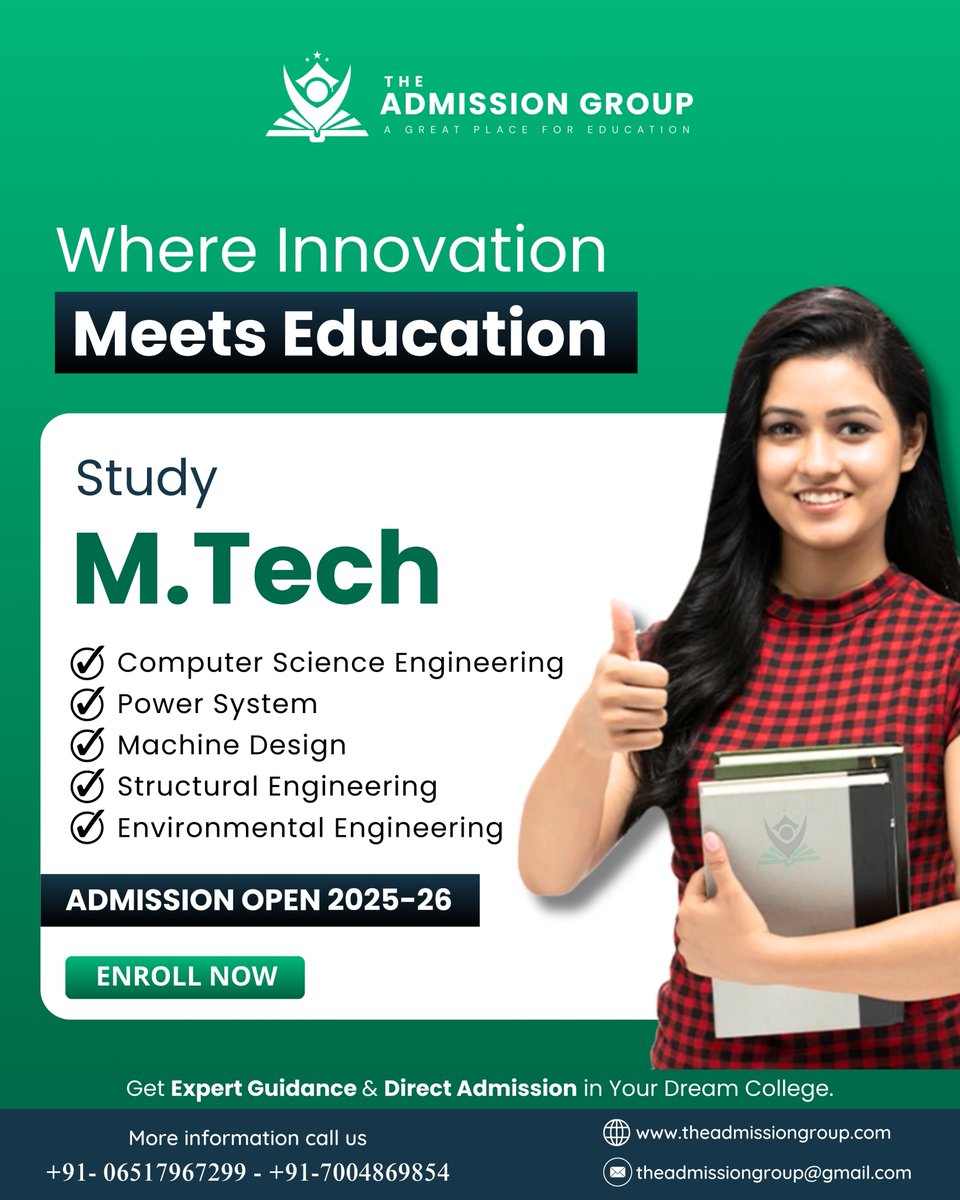 admissiongroups's tweet photo. https://t.co/6MZV0F9bVV Admissions 2025-26 Now Open🎓

✅ Top Specializations: CSE, Power Systems, Machine Design &amp; More
✅ Expert Guidance &amp; Direct Admission
✅ Secure Your Future in Engineering

#MTechAdmissions #Engineering #CareerGrowth  #FutureEngineers #AdmissionOpen https://t.co/5adwMH8ozd