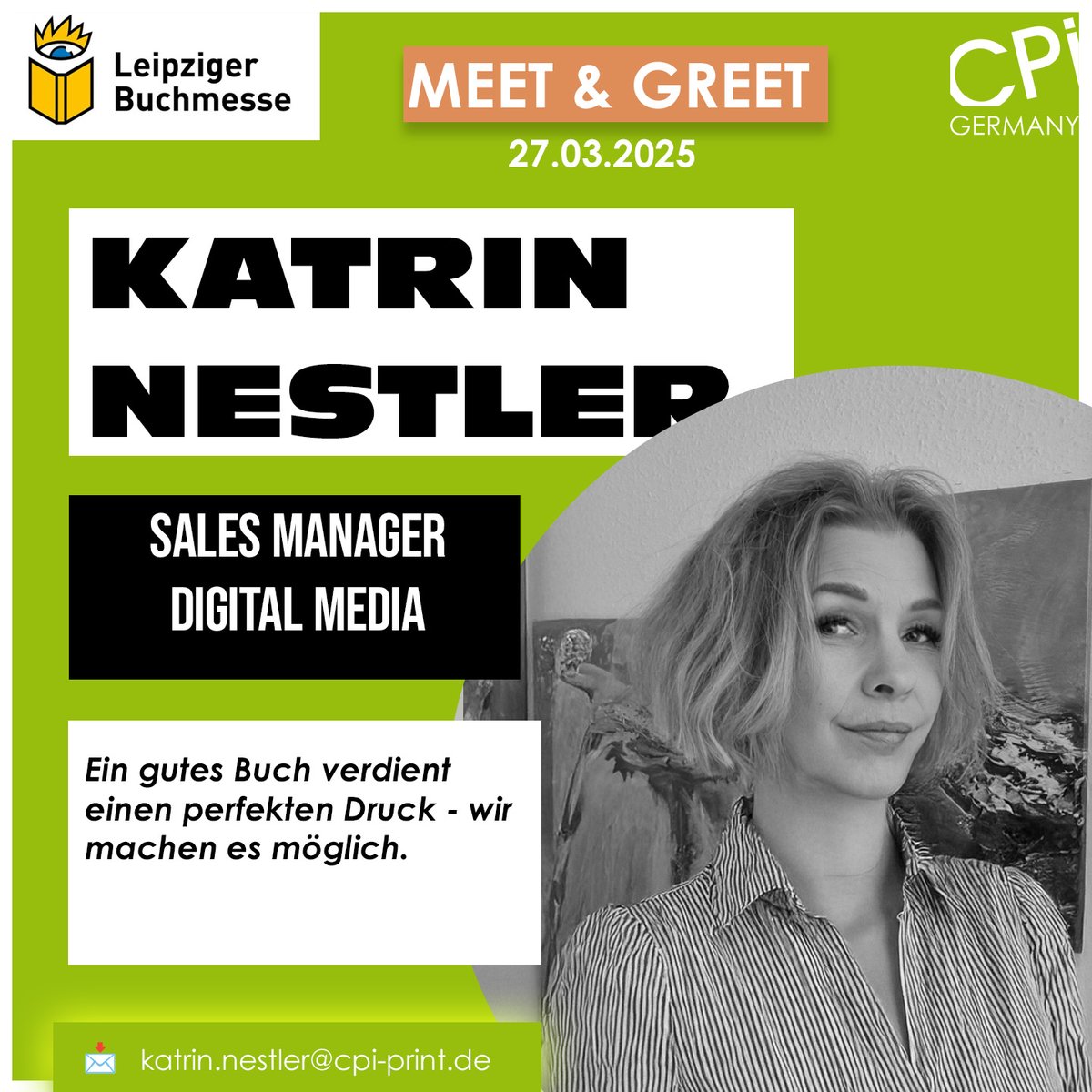 CPI Group (@cpigroup_) on Twitter photo 📢 Meet & Greet mit Katrin Nestler auf der Leipziger Buchmesse! 🎧📚
Digitale Medien erweitern die Möglichkeiten des Publizierens.
📩 Kontakt: katrin.nestler@cpi-print.de
#LeipzigerBuchmesse #DigitalPublishing #Ebooks #MeetTheTeam #PrintWithCPI #cpi #Publishing 📢 Meet & Greet mit Katrin Nestler auf der Leipziger Buchmesse! 🎧📚
Digitale Medien erweitern die Möglichkeiten des Publizierens.
📩 Kontakt: katrin.nestler@cpi-print.de
#LeipzigerBuchmesse #DigitalPublishing #Ebooks #MeetTheTeam #PrintWithCPI #cpi #Publishing