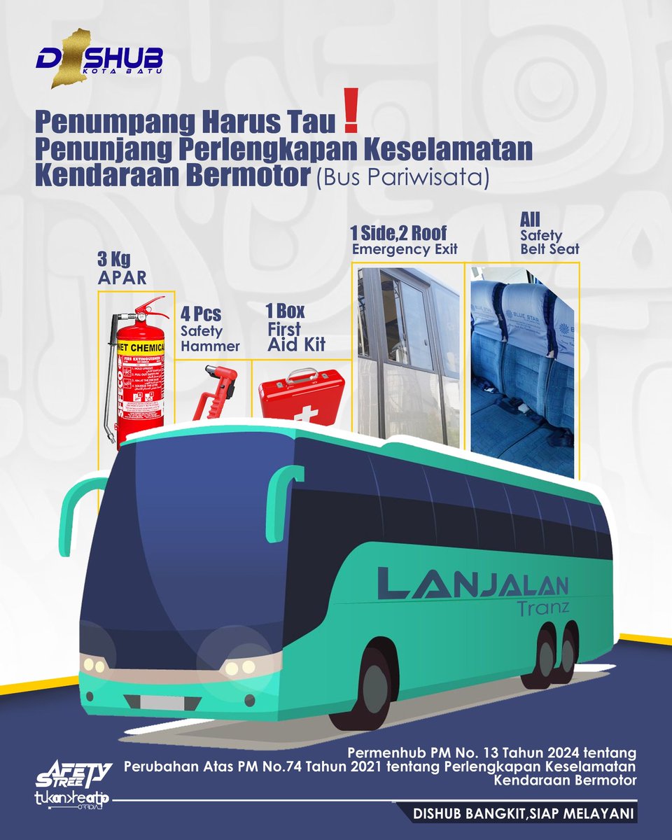 tukankreatip147's tweet photo. Penunjang Perlengkapan Keselamatan Kendaraan Bermotor (Bus Pariwisata)
.
#dishubkotabatu #safetycanbefun #info #traffic #BUS_LIGHTTHEWORLD #dishubupdate #edukasi https://t.co/2Rb1BuOp1a