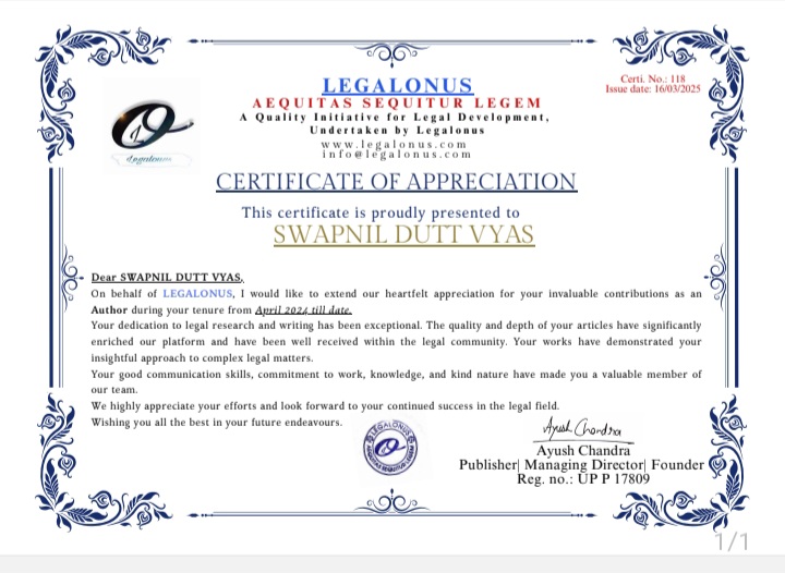 "certificate of appreciation" achieved from legalonus contributing as Author