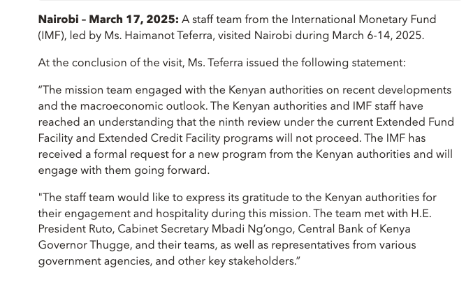 UPDATE: Kenya &amp; the International Monetary Fund pull the plug on the 9th Review

Kenya &amp; the International Monetary Fund have agreed that the 9th Review under the ongoing US$3.6 billion EXCF/EFF programme will not proceed. 

IMF has received a formal request for a new programme &amp;