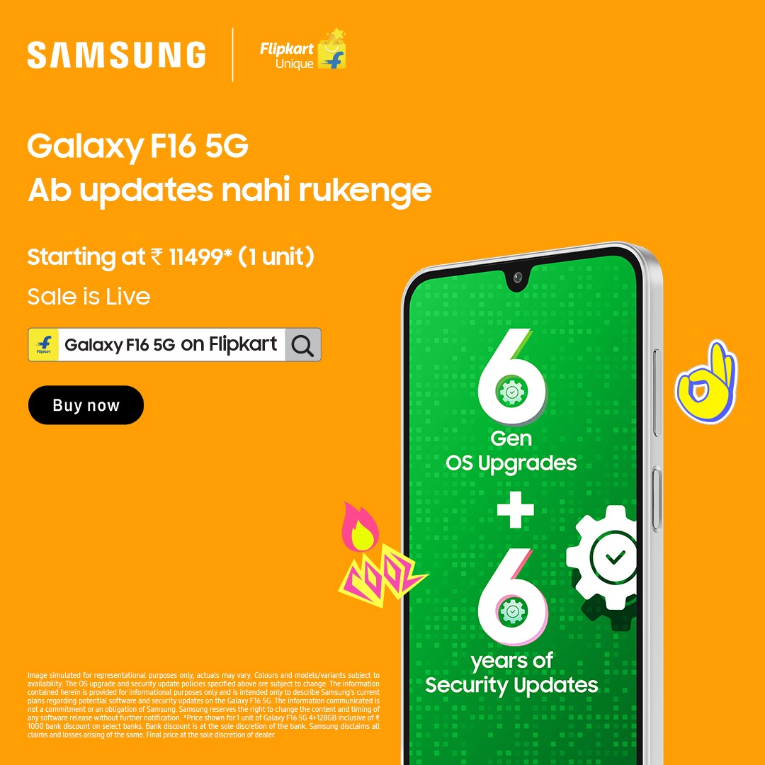 Brsharma_In's tweet photo. Ab smartphone bhi aage badega ji! #SamsungGalaxyF16 5G gets #6GenOSUpgrades and #6yearsSecurityUpdates. Grab yours for ₹11499—shop now on @Flipkart! #AbIndiaNahiRukegaJi #Samsung @SamsungIndia https://t.co/UJbVO7G1zp