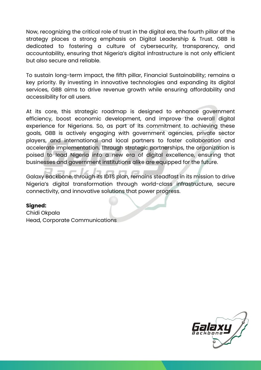 Galaxybackbone's tweet photo. Galaxy Backbone charts the future through a 4 Year Integrated Digital Transformation Strategy (IDTS) Plan.
@IbrahimAdeyanju
@OlumbeAKinkugbe
@HonSegunOlulade
#DigitalTransformation
#enablingdigitalservices
#commitedtoexcellence https://t.co/iRTCc8jGD6