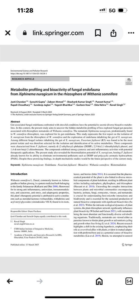 Exciting discovery from our group! This paper discovered a fascinating plant-nematode interaction through gut bioactive fungal endofauna. Xiphinema nematodes host Fusarium fujikuroi, which produces powerful anticancer &amp; anti-inflammatory metabolites <a href="/zabeerahmedb/">Dr. Zabeer Ahmed</a> <a href="/csiriiim/">CSIR-IIIM</a>
