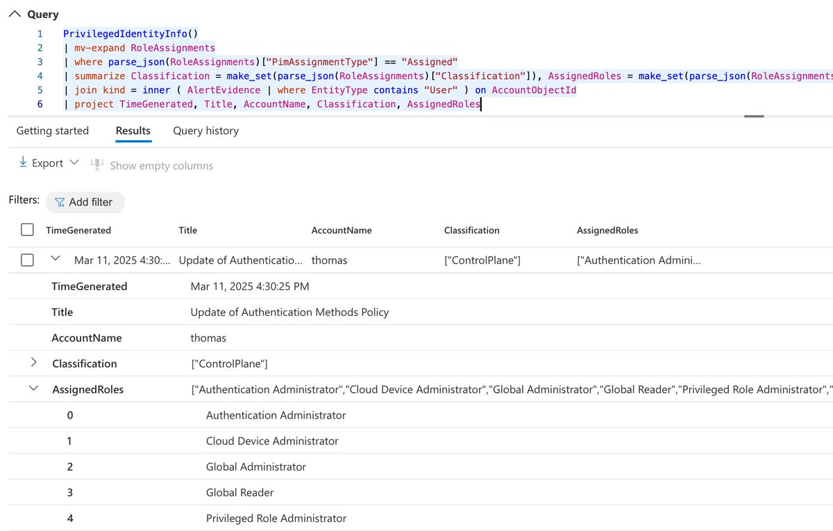 Thomas_Live's tweet image. IdentityInfo table in #MicrosoftDefender has been expanded to include eligible roles from #MicrosoftEntra #PIM. I’ve developed a #KQL function to get an overview of all directory role assignments, enriched with details from my #EntraOps classification: github.com/Cloud-Architek…