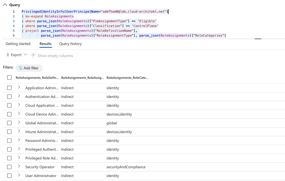 Thomas_Live's tweet image. IdentityInfo table in #MicrosoftDefender has been expanded to include eligible roles from #MicrosoftEntra #PIM. I’ve developed a #KQL function to get an overview of all directory role assignments, enriched with details from my #EntraOps classification: github.com/Cloud-Architek…