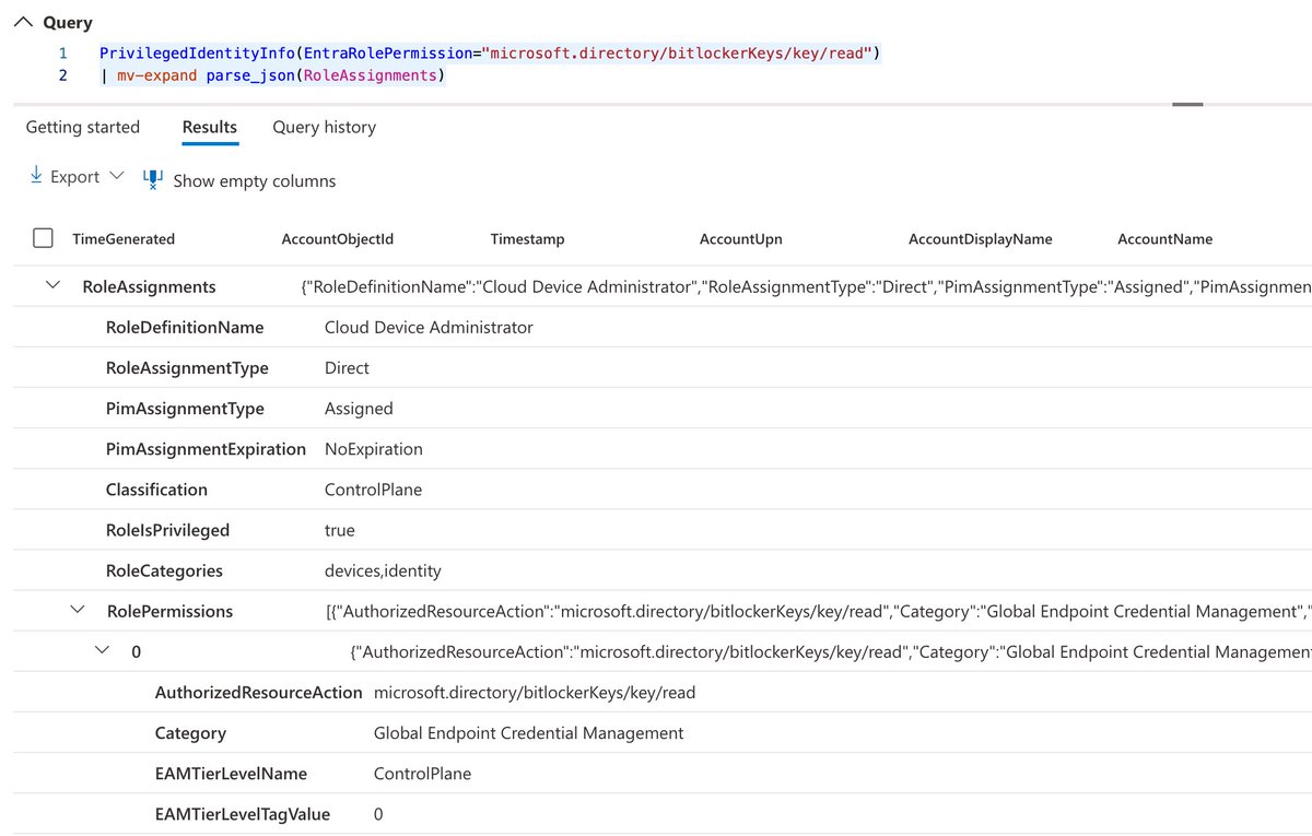 Thomas_Live's tweet image. IdentityInfo table in #MicrosoftDefender has been expanded to include eligible roles from #MicrosoftEntra #PIM. I’ve developed a #KQL function to get an overview of all directory role assignments, enriched with details from my #EntraOps classification: github.com/Cloud-Architek…