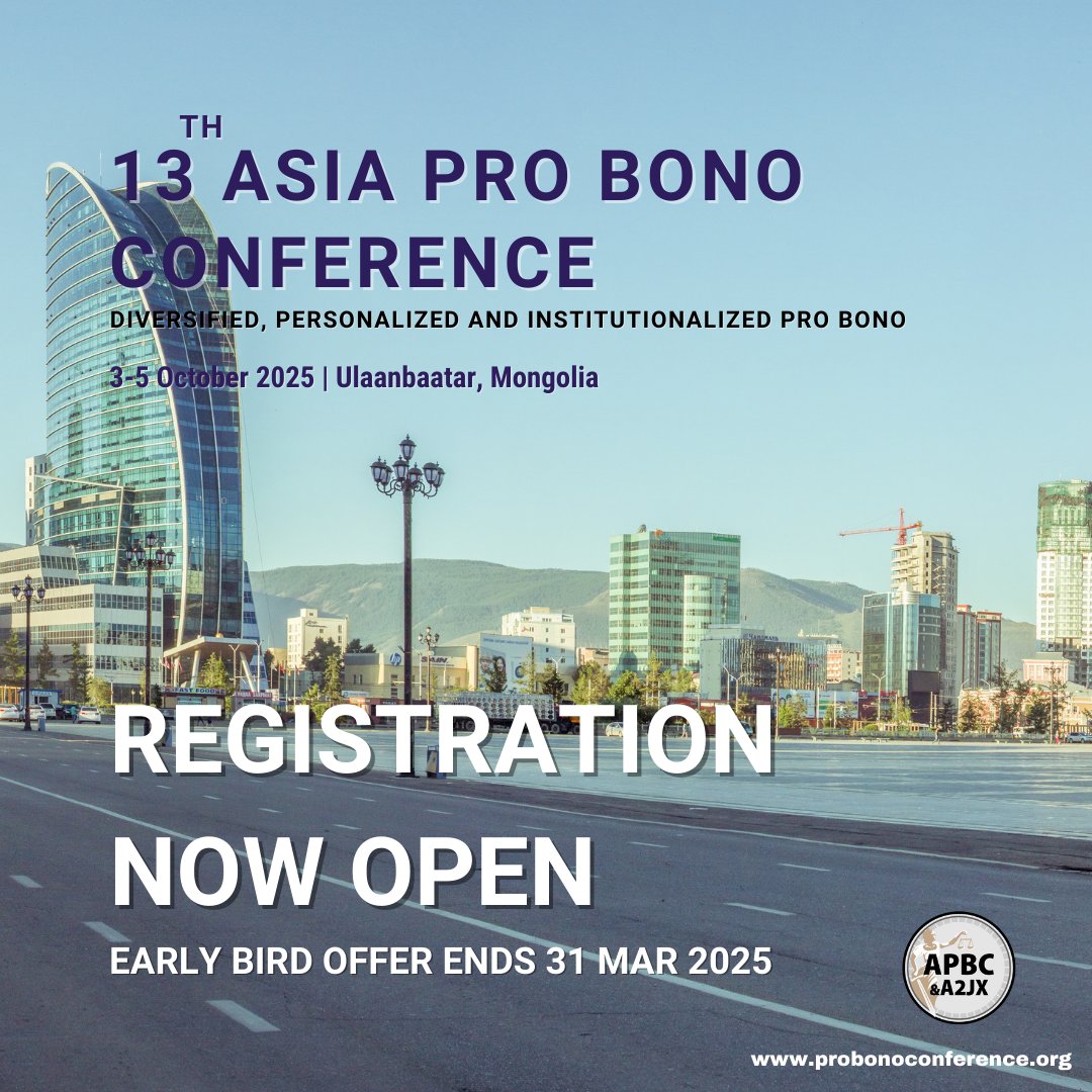 The 13th Asia Pro Bono Conference gathers like-minded participants to share experiences and report on longstanding pro bono initiatives and projects that strengthen access to justice in Asia and beyond.

Register now: probonoconference.org

#ProBono #AccessToJustice