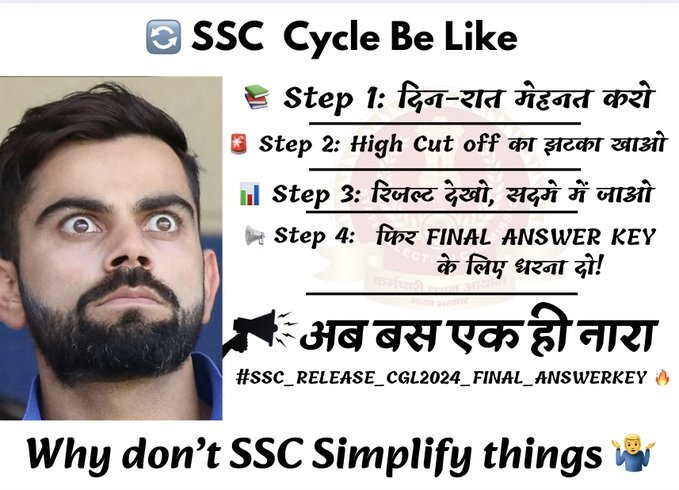 abhishek_an_d's tweet image. SSC CGL Complete cycle. 
Exam से ज्यादा झटके लगते है|
हमें न्याय चाहिए! ✊ SSC CGL 2024 की फाइनल आंसर की और मार्क्स तुरंत जारी किए जाएं!
#SSC_RELEASE_CGL2024_FINALANSKEY 
@DoPTGoI