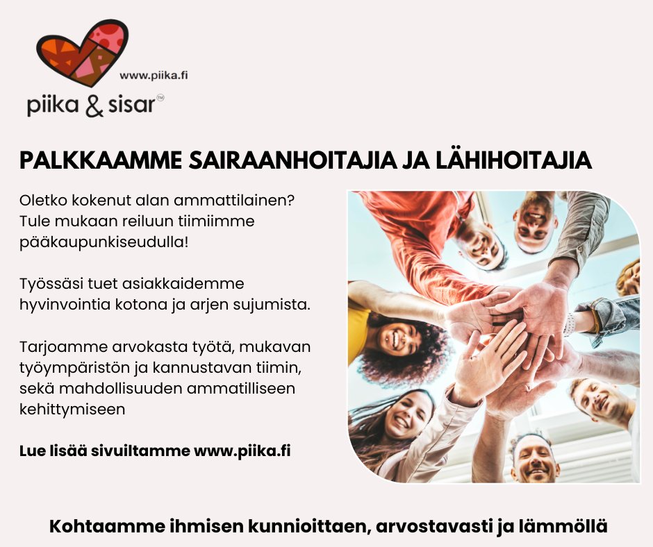 PiikaFI's tweet photo. Toimintamme pääkaupunkiseudulla laajenee edelleen ja etsimme lisää lähihoitajia. Tule mukaan mukavaan tiimiimme! Lisätietoja https://t.co/RP6niBEwNU. Linkki hakulomakkeelle https://t.co/Ge17xKdsNm https://t.co/cy38Ye4DSc