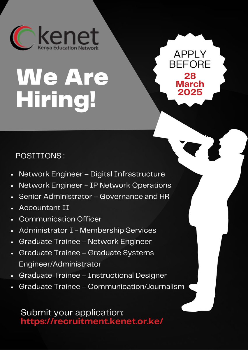 kenet_ke's tweet photo. We are hiring!  @kenet_ke  has 10 open positions across various fields! Whether you're a seasoned professional or a fresh graduate, we want to hear from you! Apply today before March 28, 2025.

👉 For more information and to apply visit: https://t.co/oGPf3S9lTX https://t.co/3lJxr1xSYR