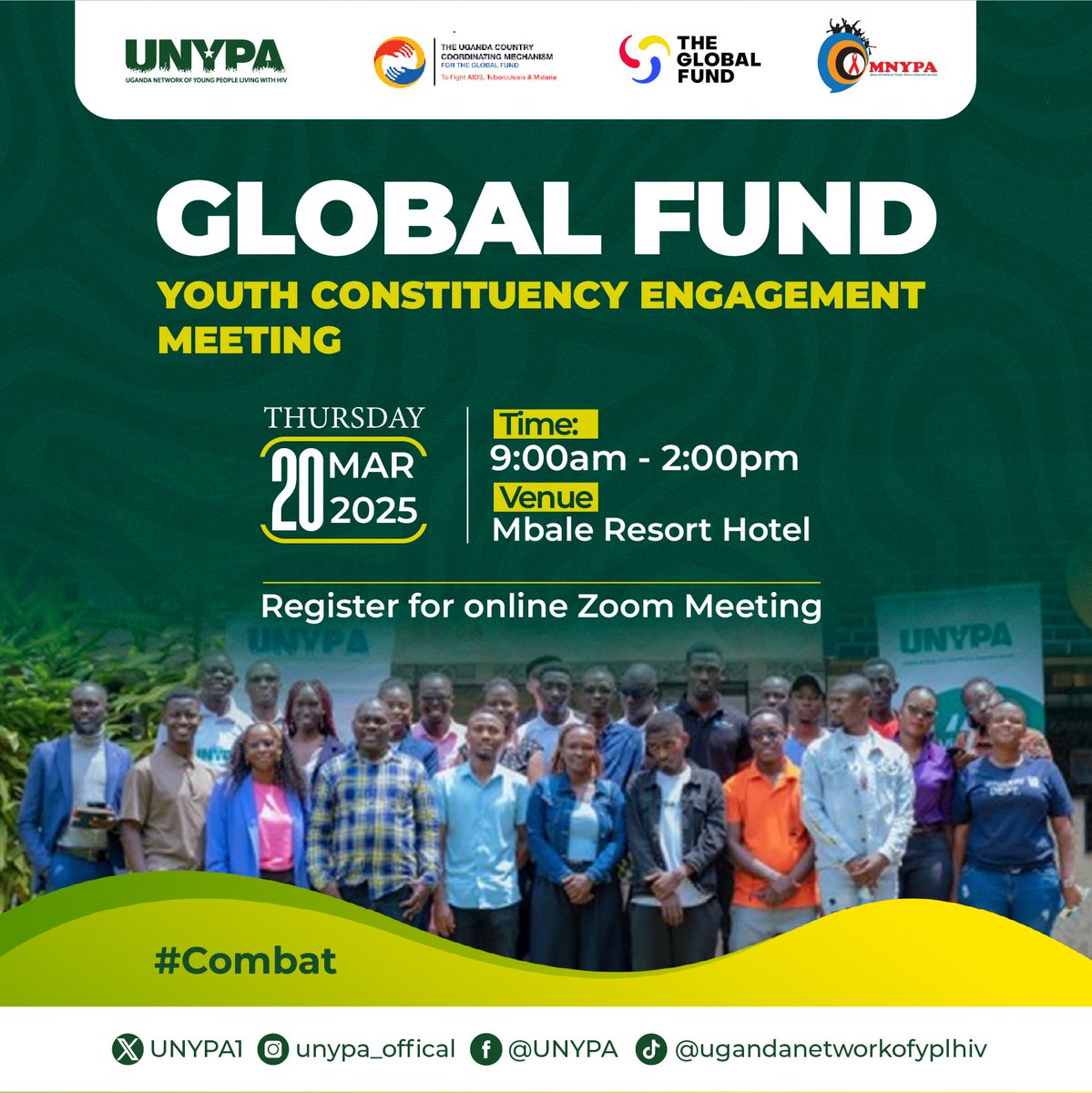 UNYPA1's tweet photo. Youth voices matter! 

Join the Global Fund Youth Constituency Engagement Meeting this Thursday, March 20th and help shape the future of health.

📍 Mbale Resort Hotel | ⏰ 9AM - 2PM
 💻 Register online: https://t.co/6cWHev1cHl

Let’s engage and #Combat challenges together! 🚀 https://t.co/pXK4wb0j51