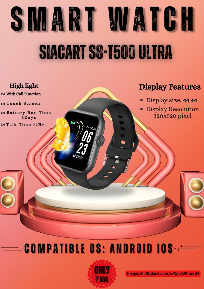 AmannSaroj's tweet photo. Aaj maine apna ek naya design banaya! 🚀💡Yeh raha SIACART S8-T500 Ultra Smartwatch ka promotional poster. Kaisa laga? Feedback zaroor dein! 😊 #GraphicDesign #Smartwatch #MadeByMe @PranavGorathe @malpani @tarasi7261 @DNEWSPAPERGUY @mr_gaurav_800 @shailendra_lfp @apnipathshala_ https://t.co/Wef3p8aep2