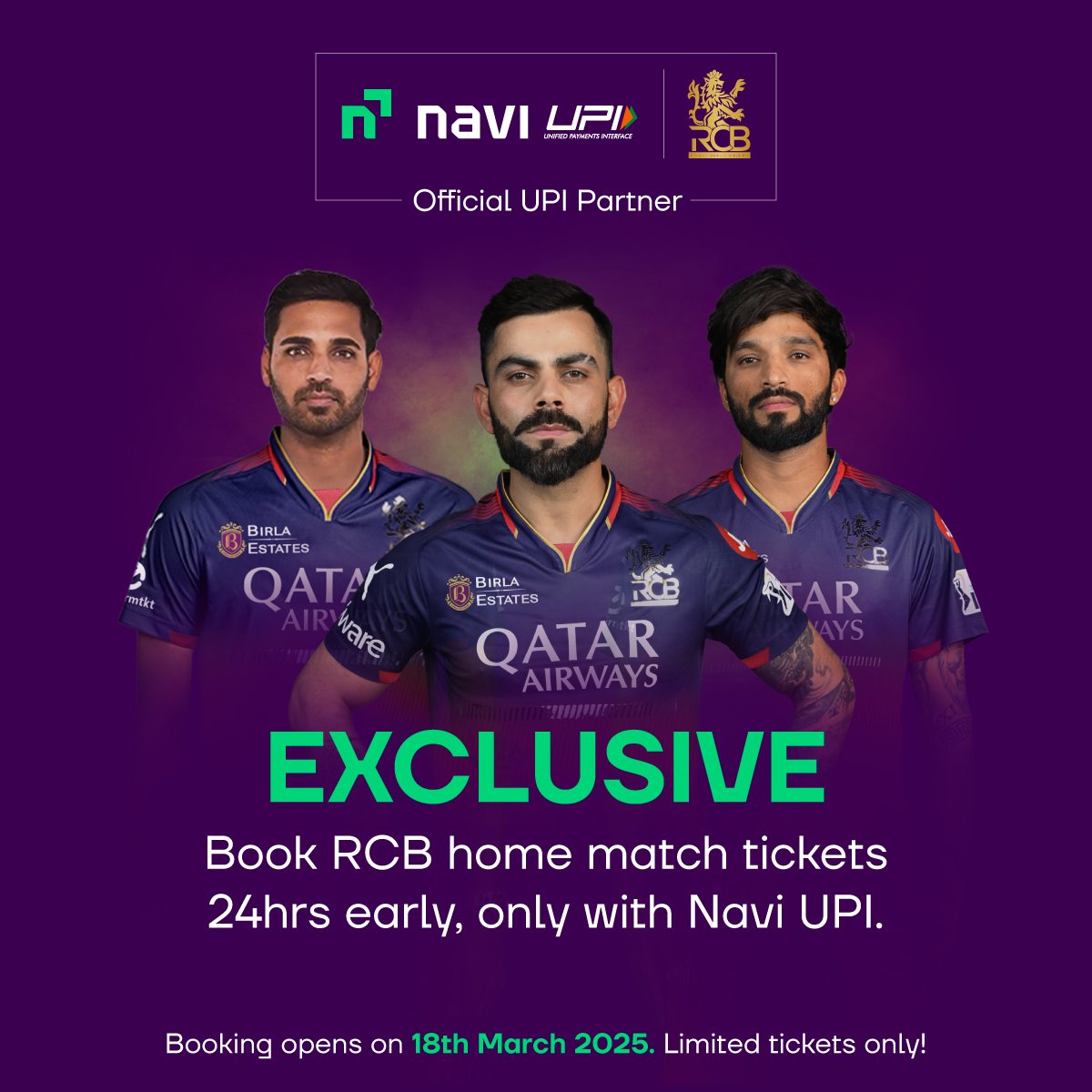 🚀[Big News] for RCB Fans! Navi UPI is the Official UPI Partner of RCB!🏏

Get 24-hour early access to RCB home match tickets—only on the Navi app! 🎟️ But hurry, tickets are limited! ⏳

📅 Ticket window opens tomorrow at 11 AM.

Download the Navi app 👇
apps.navi.com/Nerp/2ai09olx