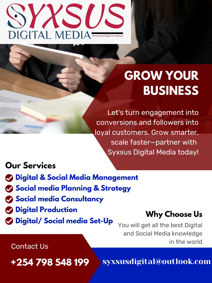 Elevate Your Brand with Syxsus Digital Media 

From social media management to digital production, we craft winning strategies that drive engagement and growth.

📲 Contact us today: +254798548199
📧 Email: syxsusdigital@outlook.com

#SyxsusDigital 
#MotivationMonday