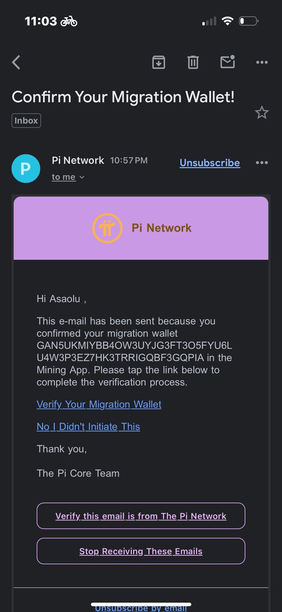 Asaolu2's tweet photo. @PiCoreTeam please I try to mine my pi yesterday and i received a pops up on the pi mining app that I should verify my migration address 
Hope this mails is from pi officially ? https://t.co/9VRMGqdzqJ