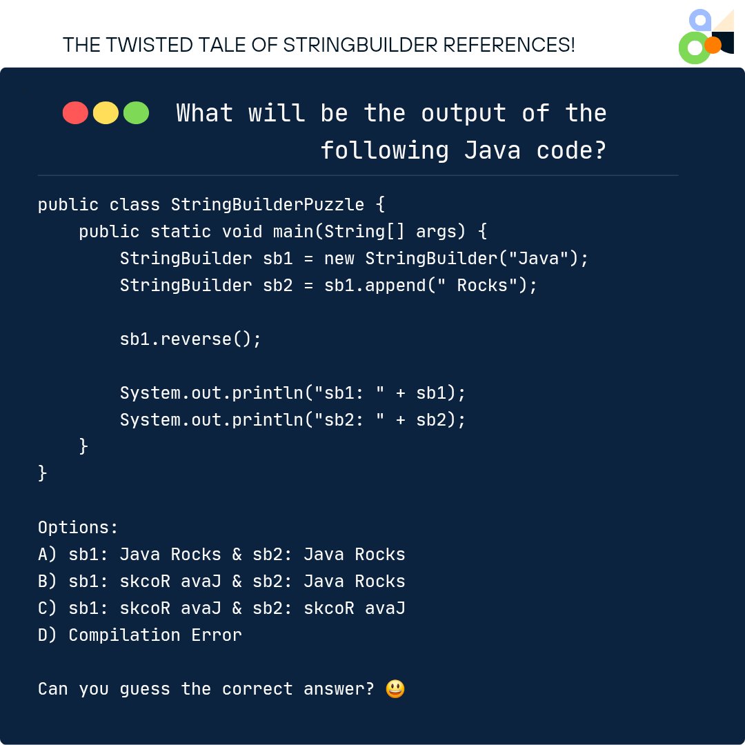 Manishrysk's tweet photo. Here's a Java puzzle for you:
"The Twisted Tale of StringBuilder References!"🌀
What will be the output of this program?
Can you guess the correct answer? 😃
Drop your answers in the comment section below 👇
#java #puzzle #stringbuilder #twist https://t.co/itlgmUVzEv