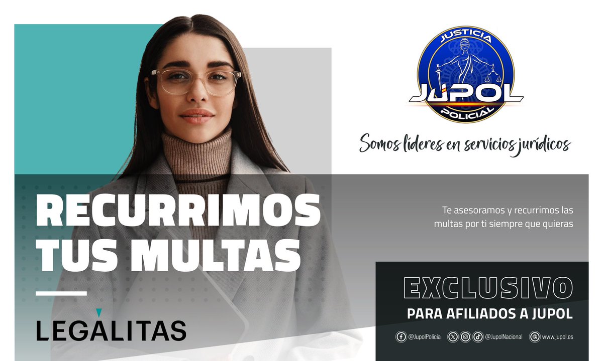👍RECURRIMOS TUS MULTAS.

😉Sabías que solo por ser afiliado de JUPOL, a través de Legálitas, te asesoramos y recurrimos las multas por ti siempre que quieras.

✔️EXCLUSIVO para afiliados de JUPOL.

📞Teléfono de asistencia: 914228031 solo para afiliados de JUPOL.

✍️ Afíliate