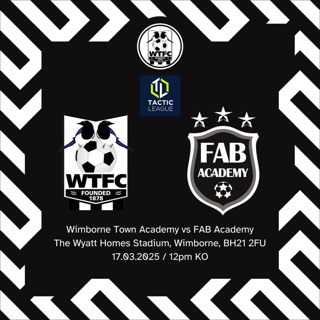 WTFC Academy (@wtfc_academy) on Twitter photo TODAY:
Our Academy boys take on <a href="/fabacademy/">FAB Academy</a> at home in the <a href="/TacticLeague/">Tactic League</a>
🆚 FAB Academy
⚽️ Tactic League
🏟️ The Wyatt Homes Stadium
📍 BH21 2FU
🗓️ 17.03.2025
⏰ 12pm KO
#upthemagpies 🥧 TODAY:
Our Academy boys take on <a href="/fabacademy/">FAB Academy</a> at home in the <a href="/TacticLeague/">Tactic League</a>
🆚 FAB Academy
⚽️ Tactic League
🏟️ The Wyatt Homes Stadium
📍 BH21 2FU
🗓️ 17.03.2025
⏰ 12pm KO
#upthemagpies 🥧