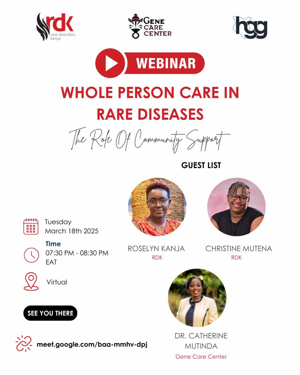 Join us for a powerful discussion with GeneCare Center &amp;  <a href="/hgg_ke/">Human Genetics & Genomics Society of Kenya</a> on:
🧬 The impact of early diagnosis
💜 How you can support rare disease patients
🎙️ Insights from experts &amp; advocates

📅 18th March 2025 
⏰ 7:30 - 8:30 PM EAT
📍 Online

Meeting Link: meet.google.com/baa-mmhv-dpj