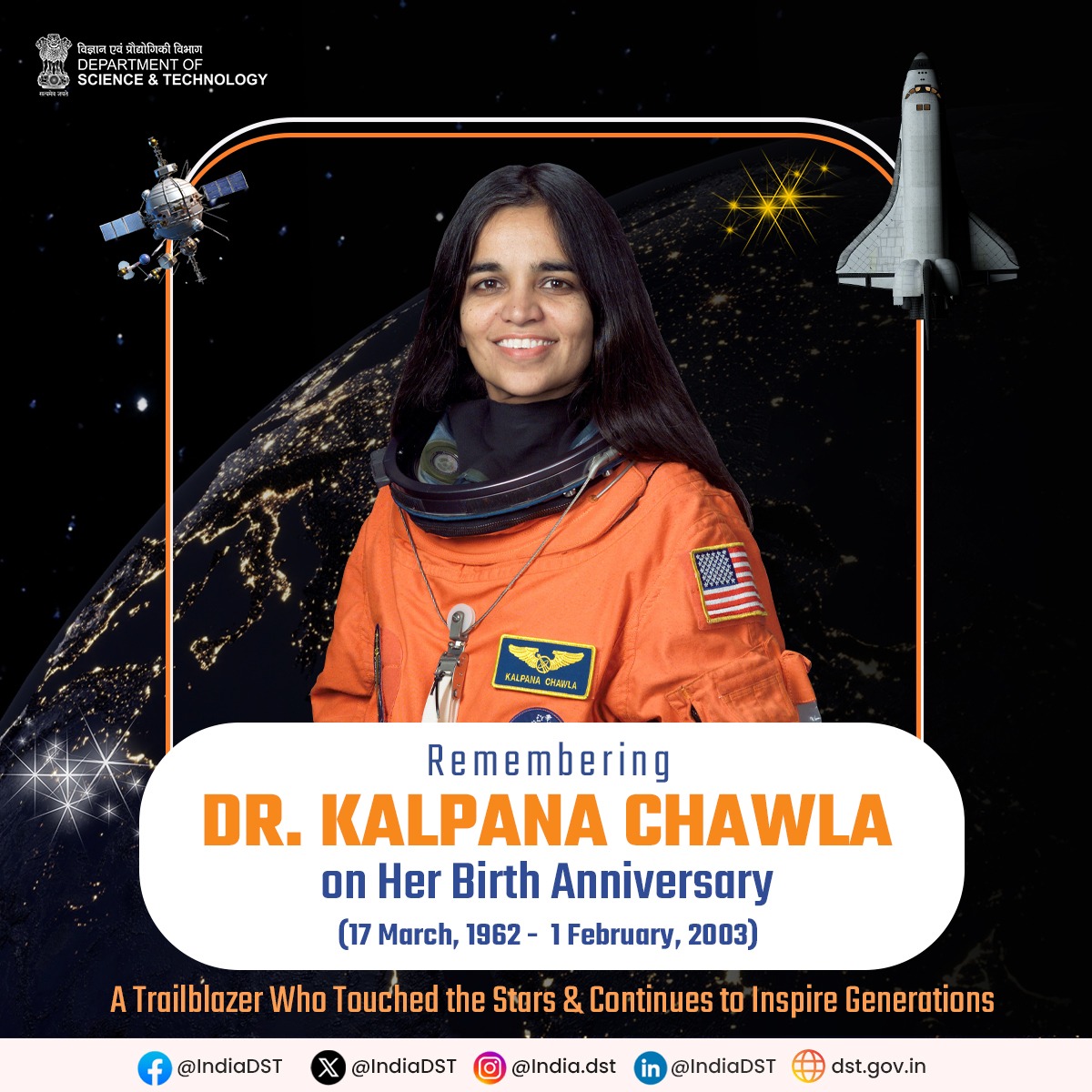 DSTIndia (@indiadst) on Twitter photo Born in India, she soared beyond the skies!
#KalpanaChawla, the first Indian woman in space, dedicated her life to science & exploration. Her journey continues to inspire generations.
Remembering her on her birth anniversary with pride!
<a href="/DrJitendraSingh/">Dr Jitendra Singh</a> <a href="/karandi65/">Abhay Karandikar</a> Born in India, she soared beyond the skies!
#KalpanaChawla, the first Indian woman in space, dedicated her life to science & exploration. Her journey continues to inspire generations.
Remembering her on her birth anniversary with pride!
<a href="/DrJitendraSingh/">Dr Jitendra Singh</a> <a href="/karandi65/">Abhay Karandikar</a>