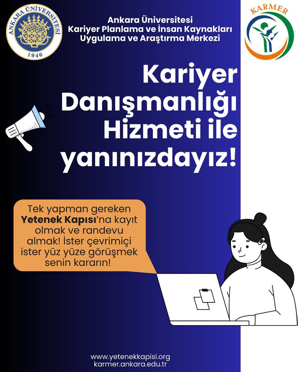 📢Kariyer danışmanlığı desteği ile her zaman yanınızdayız. Sadece Yetenek Kapısı'na kayıt olarak ister çevrimiçi ister yüz yüze danışmanlık alabilirsiniz. 👉yetenekkapisi.org
<a href="/AnkaraUni/">Ankara Üniversitesi</a> #ankarauniversitesi