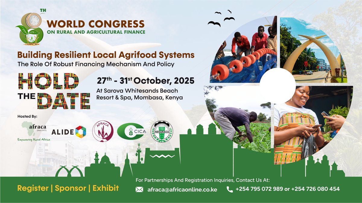 8th World Congress on Rural &amp; Agricultural Finance Planning Kick Off!

Happening 27-31 Oct 2025 in Mombasa, Kenya, the Congress will bring together global leaders to drive financing solutions for resilient agrifood systems.

Join as a sponsor, exhibitor, or delegate!