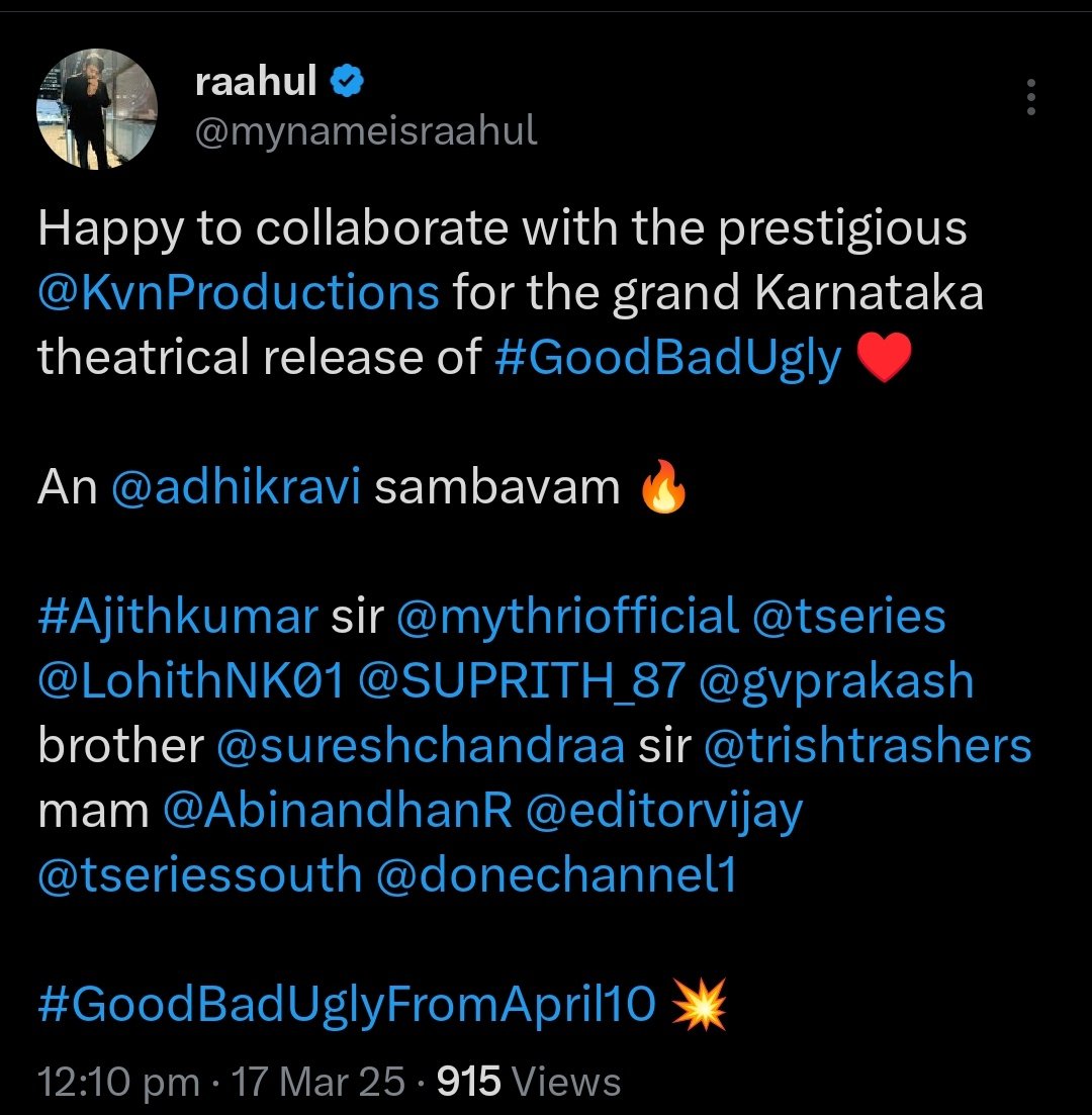 TFC_mass's tweet photo. #GoodBadUgly Exclusive: Karnataka rights with @KvnProductions ☺️

@mynameisraahul bro, after TN theater charting started, now he has moved to Karnataka it seems..

All over India, a RAGE release 🥵🔥

It's time to release #OGSambavam Promo 😉 @gvprakash @MythriOfficial https://t.co/VEWBPxGj9j