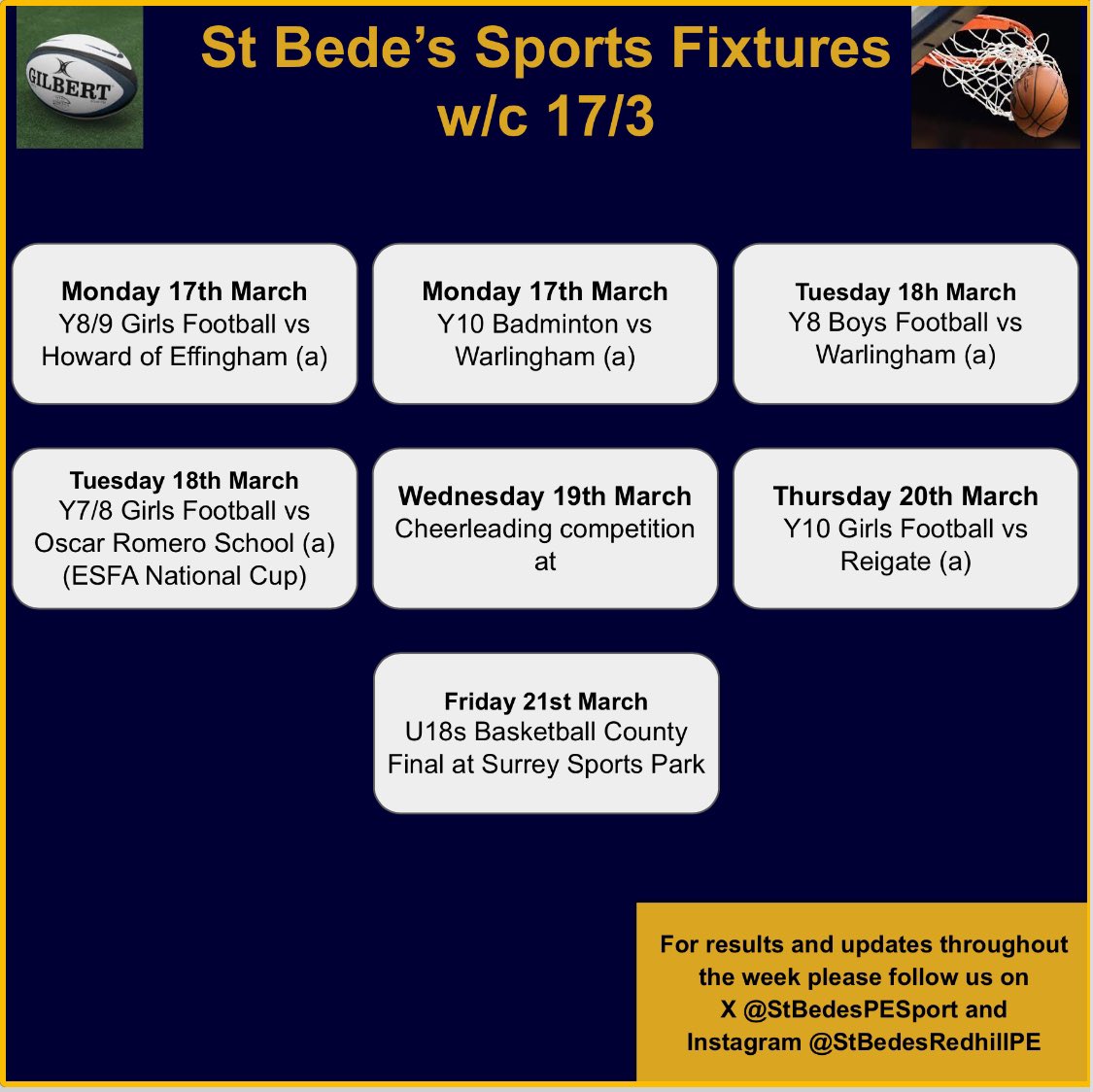 Fixtures for this week, good luck teams!