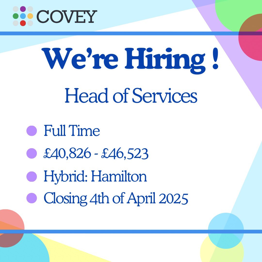 COVEYBFriending's tweet photo. Do you have experience in Health & Social Care, Youth Work or Community Development? Do you have a proven track record in effective service delivery and leadership? This could be the role for you!
https://t.co/HvkcbCuyrd
#lanarkshirejobs #headofservices #thirdsectorjobs https://t.co/F7AFX02Z6Y