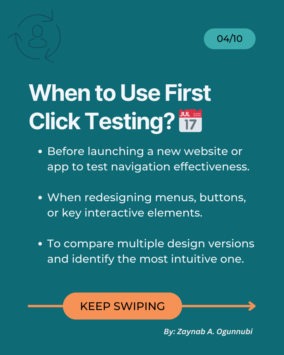 slimfit_zee's tweet photo. When should you use it? 📌

Use First Click Testing when designing or refining navigation, menus, CTAs, or any interface where users need to make quick decisions.

#ux #Research #uxresearch #uxr #researchmethods #FirstClickTest #researchtips #TIPS #UserExperience #UserObservation https://t.co/36a2KTvGCn