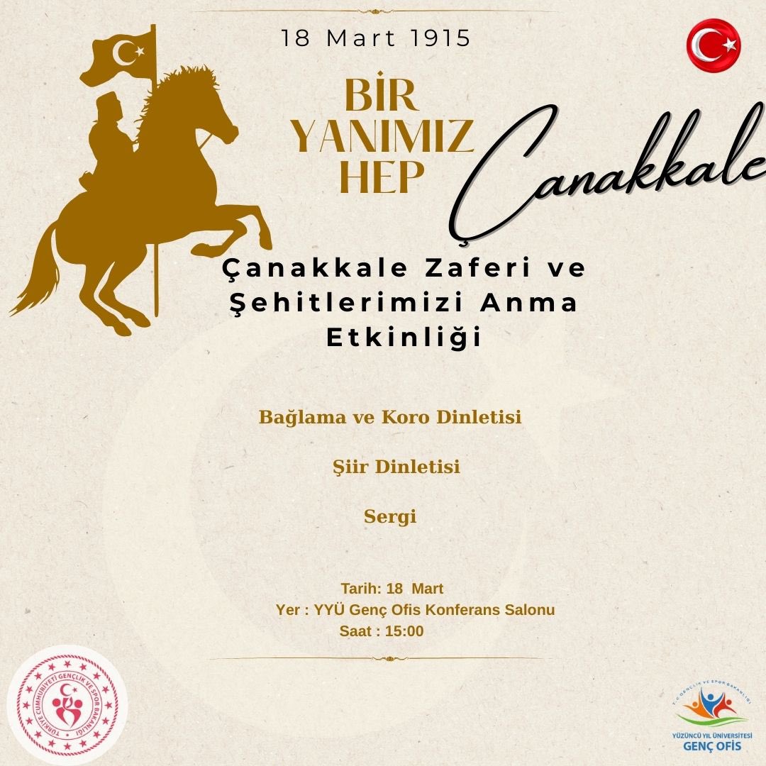 YYÜ #GençOfis miz tarafından 18 Mart Çanakkale Şehitlerimizin anısına düzenlenecek olan programımıza tüm gençlerimiz davetlidir.🇹🇷🇹🇷
#GSBGM
#ÇanakkaleDestanı